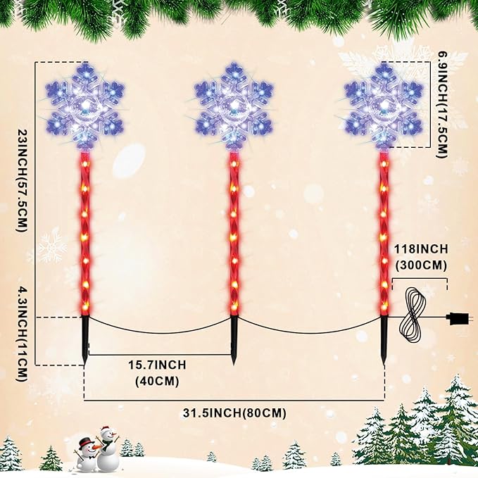 LAMPHOME Snowflakes Christmas Pathway Lights Outdoor, 3PCS Snowflakes Christmas Decorations Outdoor Yard, Pathway Marker Stake Lights for Patio Ground Path Sidewalk Walkway Driveway