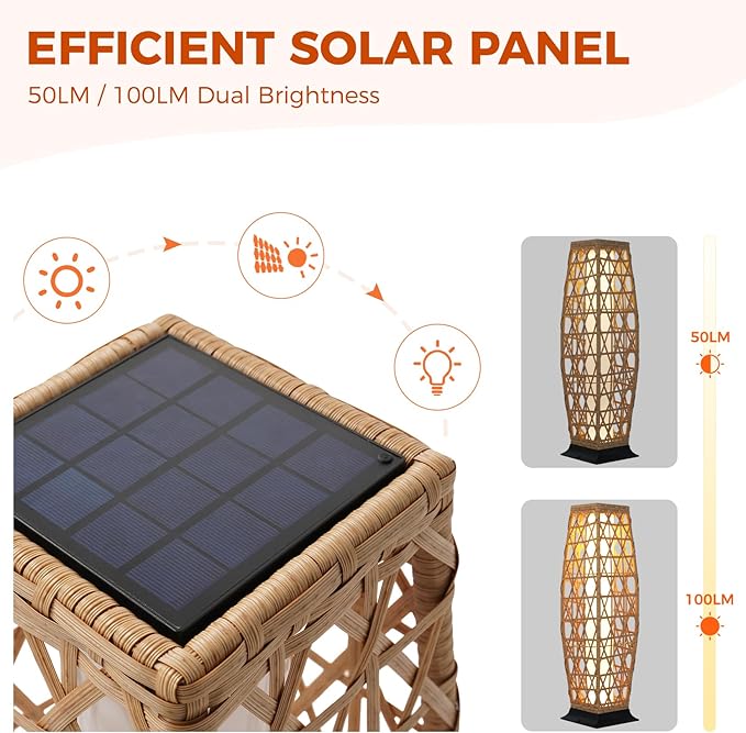 Grand patio Outdoor Floor Lamp Solar Lantern, Water-Resistant Natural Wicker Boho Patio Light with 50/100 Lumens Dual Brightness & Memory Mode for Garden Porch Deck Decor, Large Cindy Natural