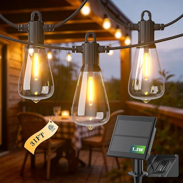 31FT Solar String Lights Outdoor Waterproof IP65 with USB-Charging , Solar Powered LED Patio Lights with 15+1 | Lumora