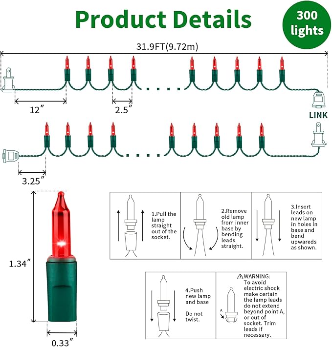LAMPHOME Red Valentine's Lights, 300 Lights 63.8ft(2pk of 150L) Incandescent Mini Christmas String Lights, Waterproof Red Lights for Indoor Valentine's Day Garland Birthday Wedding Party Xmas Tree