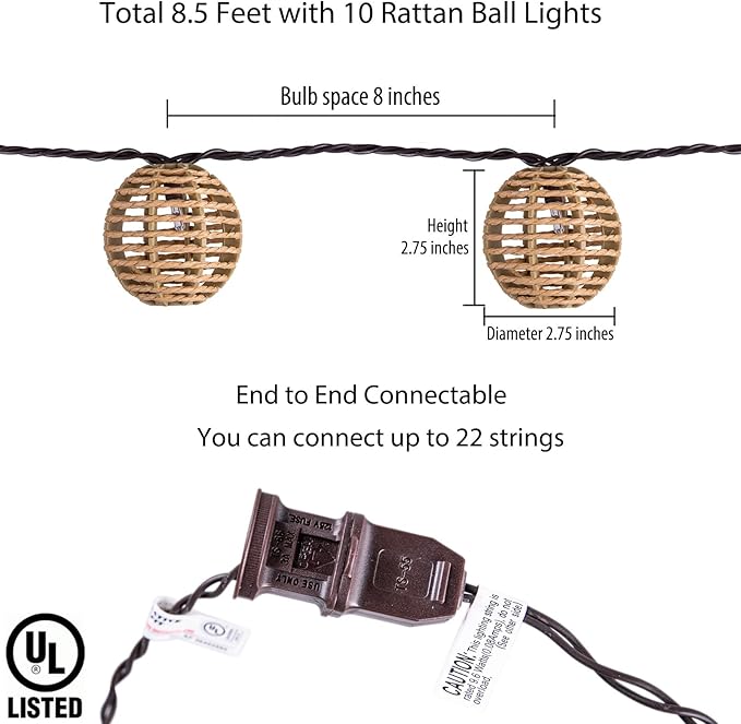 Decorative String Lights Plug in with 10 Incandescent Bulbs, Natural Rattan Globe Boho Lantern String Lights Connectable Weatherproof Outdoor Indoor for Bedroom Patio Pergola Decor