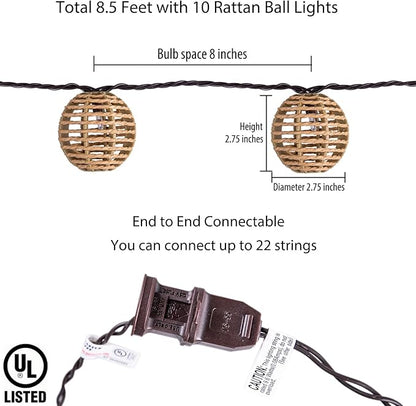 Decorative String Lights Plug in with 10 Incandescent Bulbs, Natural Rattan Globe Boho Lantern String Lights Connectable Weatherproof Outdoor Indoor for Bedroom Patio Pergola Decor