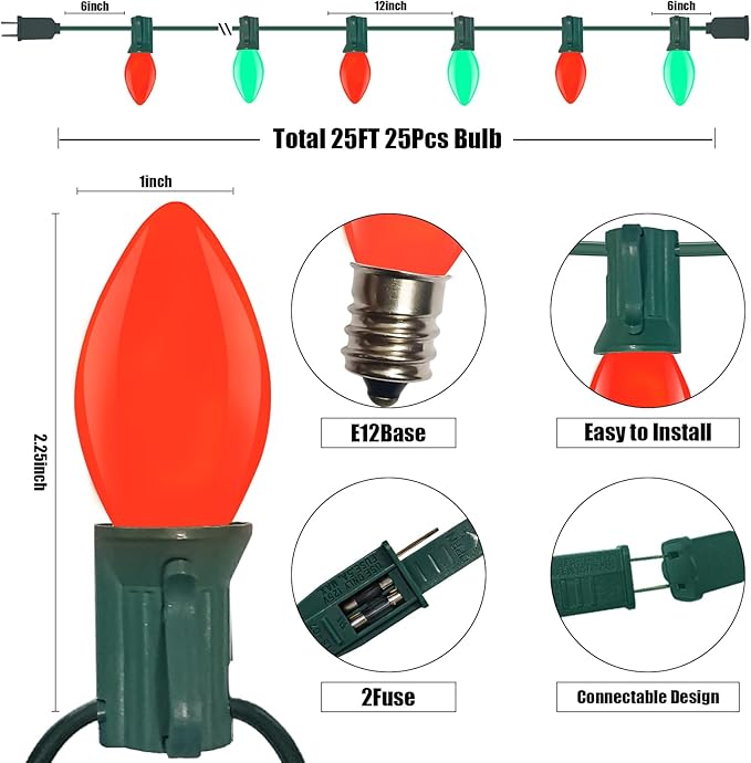 Abeja 25Ft C7 Christmas String Lights Outdoor, Vintage With 27 Red Green Edison Bulbs, Connectable Classic for | Lumora