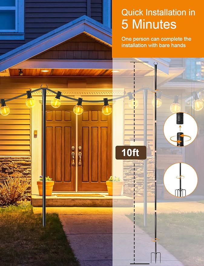 2 Pack String Light Poles for Outside, Thickened Metal Lights Hanger Pole Outdoor with Fork, Lighting Hanging Post | Lumora