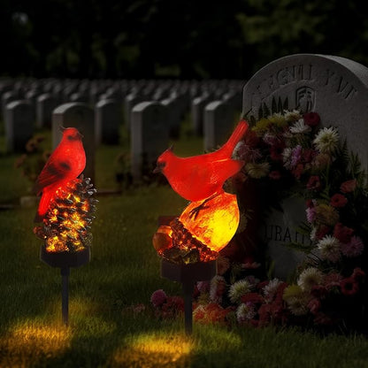Capoda 2 Pack Solar Lights Decorative Garden Outdoor , Red Cardinal Bird Stakes for Pathway Yard Lawn, Waterproof Resin Figurine Memorial Sympathy Gifts for Mom Women, Cemetery Grave Decorations