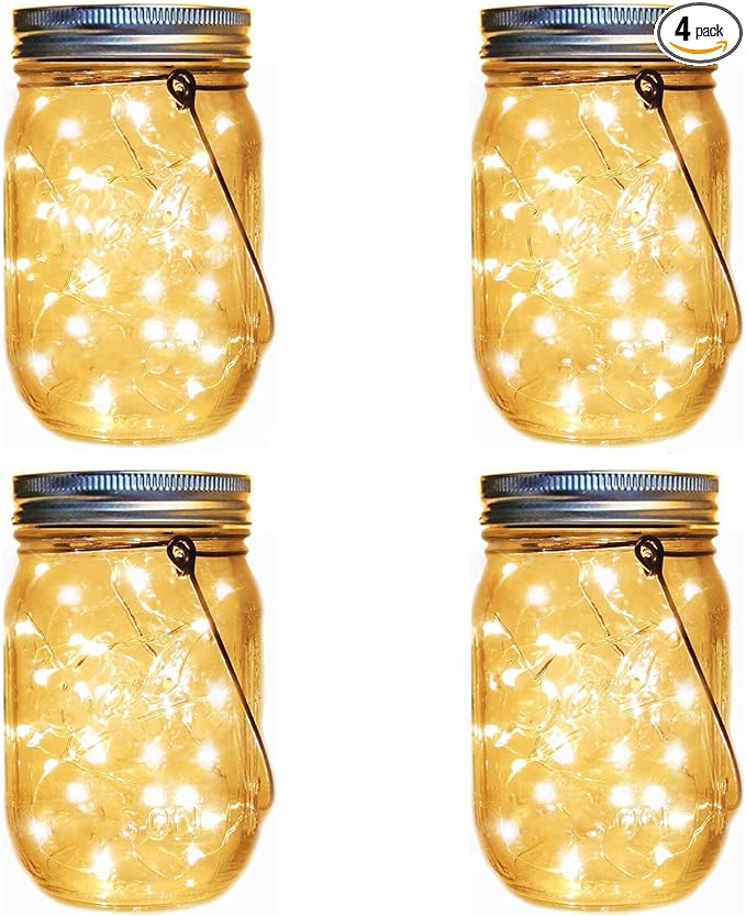 Solar Lantern Mason Jar Hanging Lights,4 Pack 30 Led Fairy Firefly Starry String Jar Lights (Mason Jars/Hangers Included),for Mason Jar Patio Garden Lanterns Wedding Table Decor Light