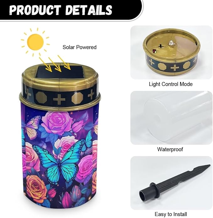 ZOUTAIRONG Solar Light for Cemetery Grave 2 Pack Solar Garden Lights Garden Lights Solar Pathway Lights Outdoor Cemetery Solar Lights for Grave Solar Lights for Cemetery Gravesite Rose Butterfly