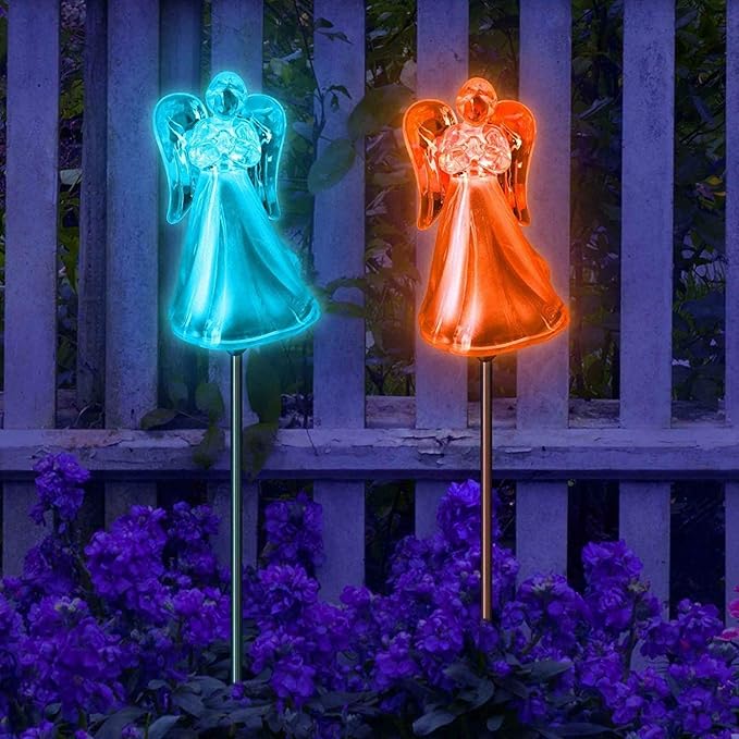 Outdoor Garden Set of 2 Pieces Solar Powered Garden Yard Stake (Color Change abilities) LED Light (Acrylic Angel)…