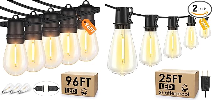 96FT S14 Outdoor String Lights Bundle with 25FT ST38 Led String Lights - Warm White