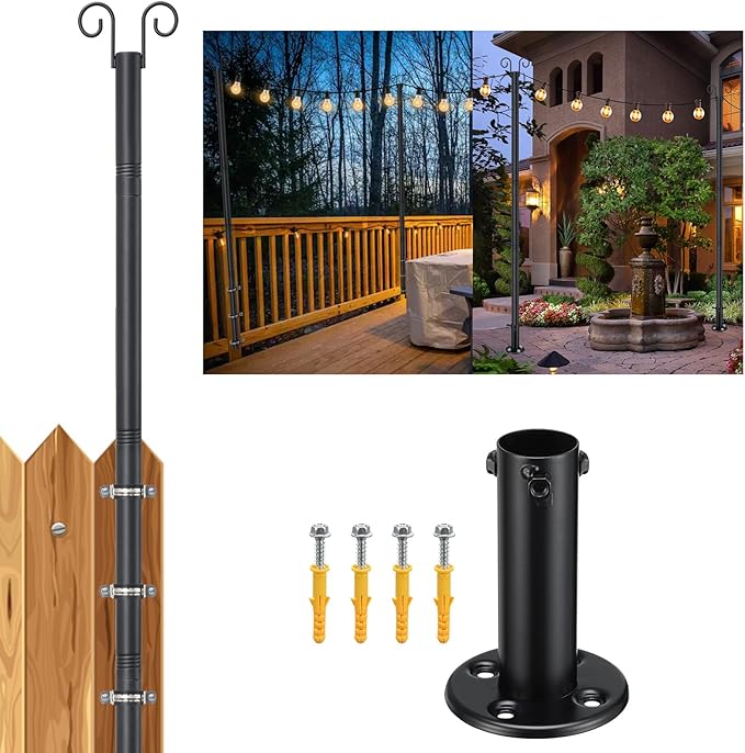 String Light Poles for Outside, 11FT Outdoor String Light Pole Heavy Duty Metal Lights Pole Stand with Flange Base | Lumora
