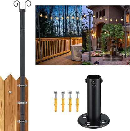 String Light Poles for Outside, 11FT Outdoor String Light Pole Heavy Duty Metal Lights Pole Stand with Flange Base Clips for Deck Fence Wall Concrete Patio Garden Backyard Balcony Wedding Party, 1PC
