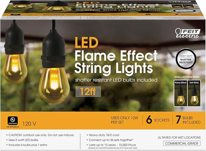 Feit Electric LED String Lights with Flame Bulbs Effect, 12ft Commercial Grade and - Outdoor Security Flood Light | Lumora