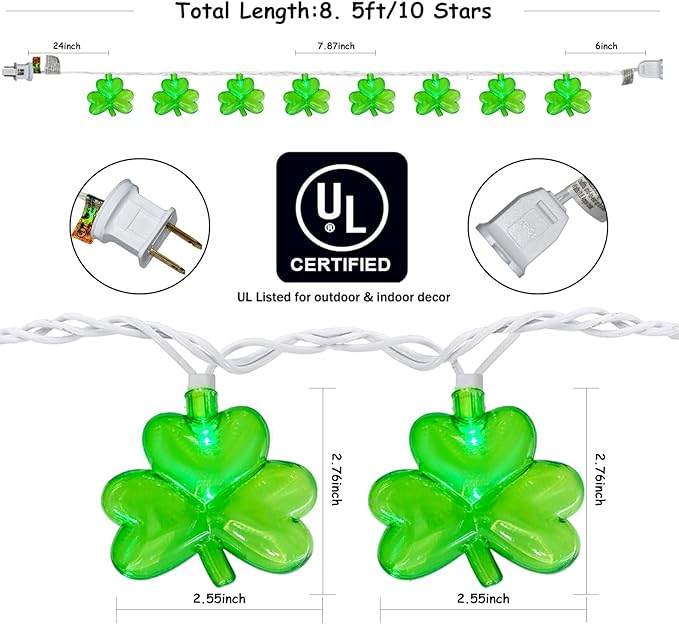 LED Shamrock String Lights Outdoor, 8.5Ft St. Patrick's Day Decorations Lights with 10 Green Clover Light, Plug in Shamrock Fairy Light for Indoor Outdoor St. Patrick's Day Party Irish Window Garden