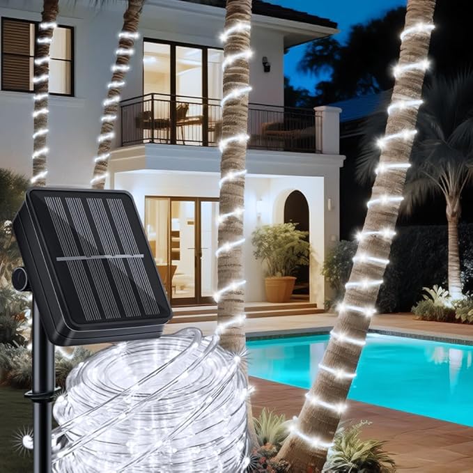 Solar Rope Lights 39FT 100LEDs,IP65 Waterproof Outdoor String Light, Palm Tree Lights for Party Garden Yard Pathway Patio Wedding Christmas Halloween Holiday Decoration (Cool White)