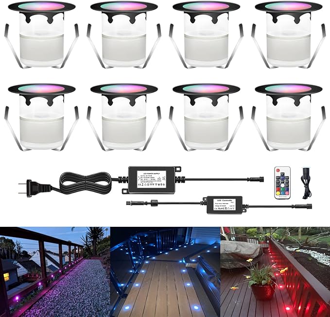 LED Outdoor Deck Lights with Photocell, RGB Φ1.18in Low Voltage 12V DC IP67 Waterproof, Remote Dimmable Multi Color Change, Electric Wired Recessed Stair Step Landscape Lighting, 8 Pack Black
