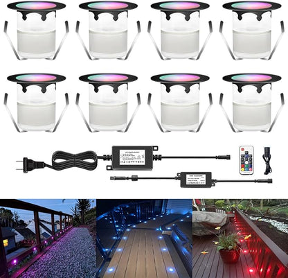 LED Outdoor Deck Lights with Photocell, RGB Φ1.18in Low Voltage 12V DC IP67 Waterproof, Remote Dimmable Multi Color Change, Electric Wired Recessed Stair Step Landscape Lighting, 8 Pack Black