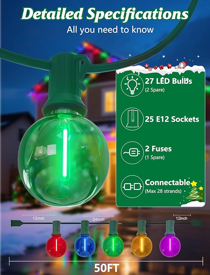 SUNSGNE G40 LED Christmas Globe String Lights, 50FT Shatterproof Round Colored Christmas Lights with 27 LED Clear | Lumora