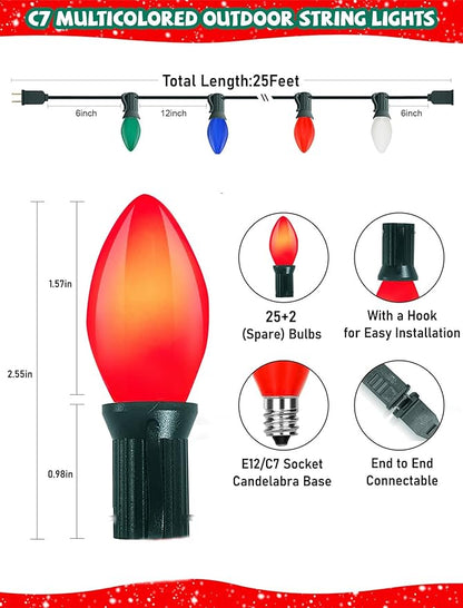 C7 Vintage Christmas Lights, 25Ft Ceramic Multicolor Christmas String Lights with 27 5W Glass Bulbs, Waterproof Connectable Christmas Decorations for House Roofline Backyard Wedding Holiday Party