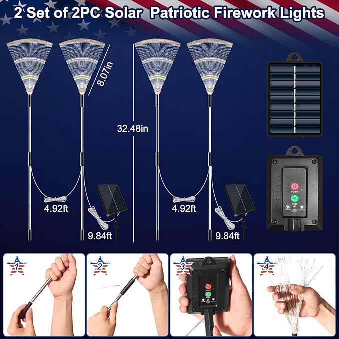 4th of July Decorations Firework Solar Lights Outdoor, 8 Modes & Timer Remote Red White and Blue Patriotic Lights with 180 LED for Garden Yard Patio Pathway Lawn Fourth of July Decor(2 Set of 2 Pack)
