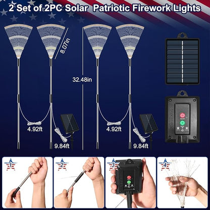 4th of July Decorations Firework Solar Lights Outdoor, 8 Modes & Timer Remote Red White and Blue Patriotic Lights with 180 LED for Garden Yard Patio Pathway Lawn Fourth of July Decor(2 Set of 2 Pack)