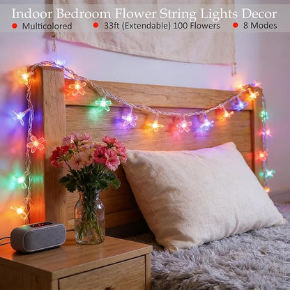 FULLBELL Indoor Fairy Flower String Lights - 33ft 100 LED Plug-in Multicolor Cherry Blossom Floral Lights for Bedroom Wall Decor, Christmas Garden & Tree Branches | Decorative String Lights