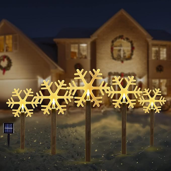 BRIGHTDECK Snowflake Solar Christmas Decorations Outdoor, 5 Pack LED Christmas Pathway Lights, Waterproof Snowflake Pathway, Stake Lights for Garden Decor(5Pcs Warm White)