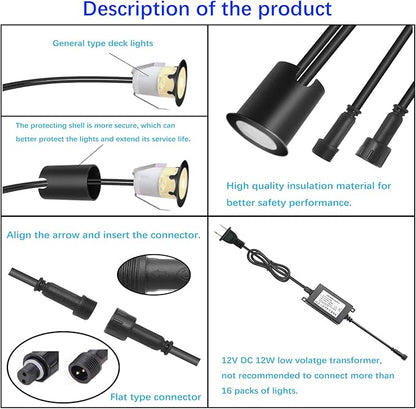 Deck Lights with Photocell and Protecting Shell, Warm White Φ1.18in Low Voltage 12V DC IP67 Waterproof, Electric Wired Round Recessed LED Outdoor Stair Step Landscape Lighting, 16 Pack Black