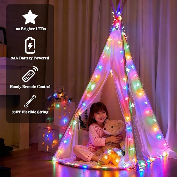 Star String Lights, 33ft 100 LED 8 Modes Star Fairy Lights Battery Operated Waterproof Indoor Outdoor for Bedroom Patio Party Wedding Tent Loft Bed Xmas Tree Decor, Multicolor