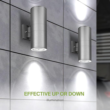 ASD 2 Light Outdoor Wall Light Fixture | 120W E26 Socket 120V ETL Cylinder Up Down Lights | LED/CFL/Incandescent Bulb Exterior Wall Sconce | Front Door, Porch, Patio Lighting | Stainless Steel 6 Pack