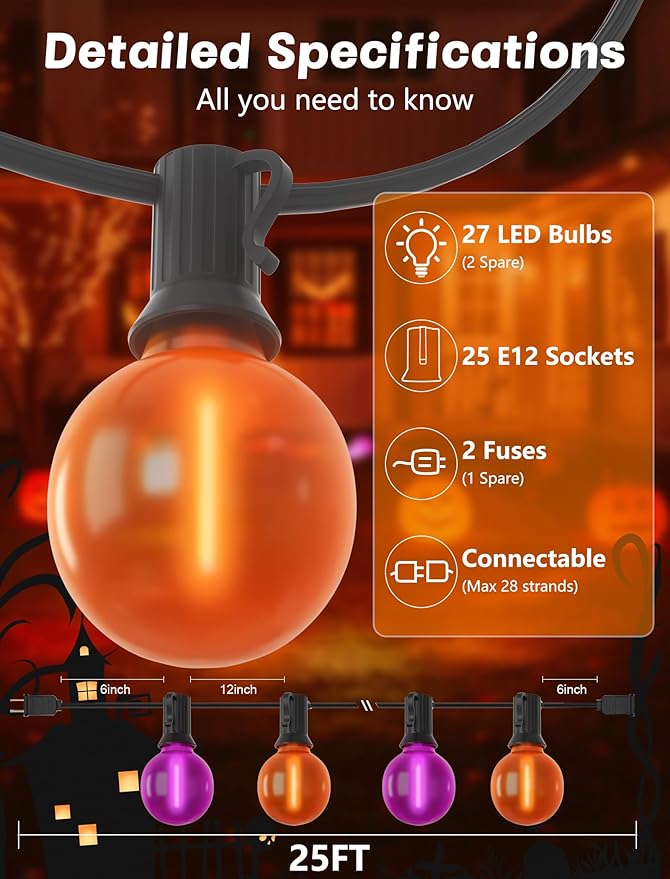 SUNSGNE 25ft Halloween String Lights Outdoor - G40 LED Orange and Purple String Lights with 27 Frosted Globe | Lumora