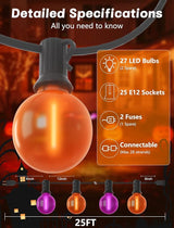 SUNSGNE 25ft Halloween String Lights Outdoor - G40 LED Orange and Purple String Lights with 27 Frosted Globe | Lumora