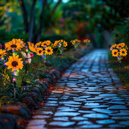 Sunflower Solar Lights Outdoor- 2 Pack Garden Lights Outdoor Waterproof with 10 Flowers and 4 Butterflies for Garden, Patio, Yard (Yellow)