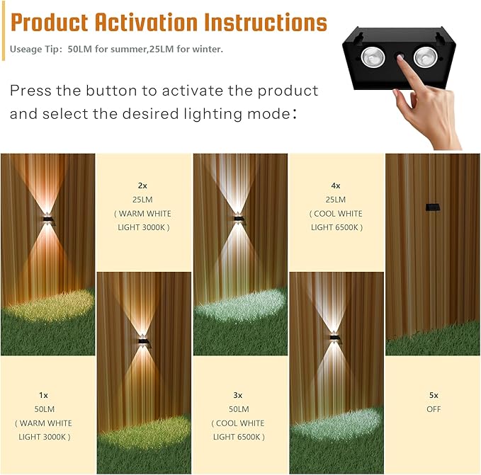2-Pack Solar Fence Lights, Up & Down Lighting, 50LM/25LM Dual Brightness, 4 Color Modes, IP65 Waterproof, 1200mAh | Lumora