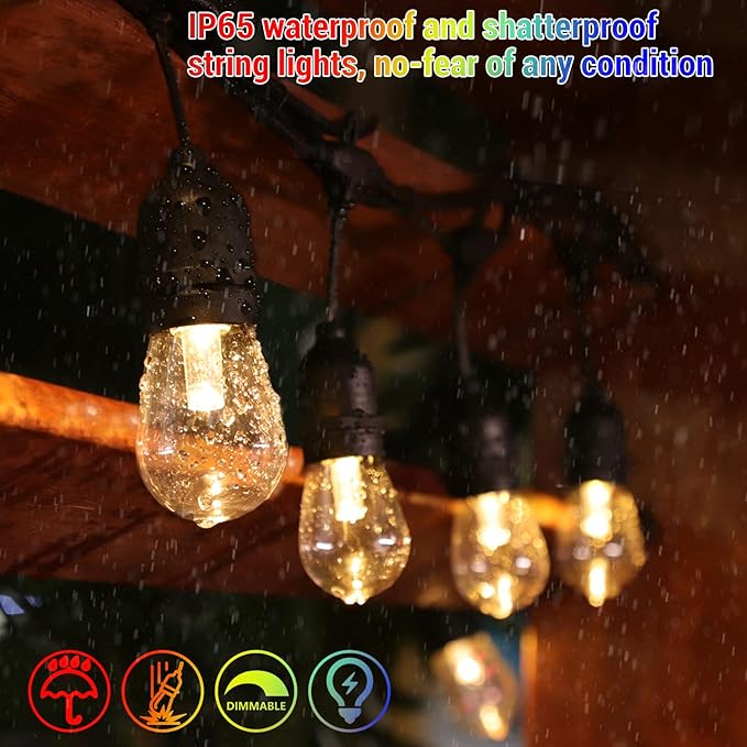 48FT Solar Outdoor RGB String Lights, 15+3 Waterproof Shatterproof LED Bulbs Dimmable Patio String Lights with Remote, Commercial Solar String Light for Patio Yard