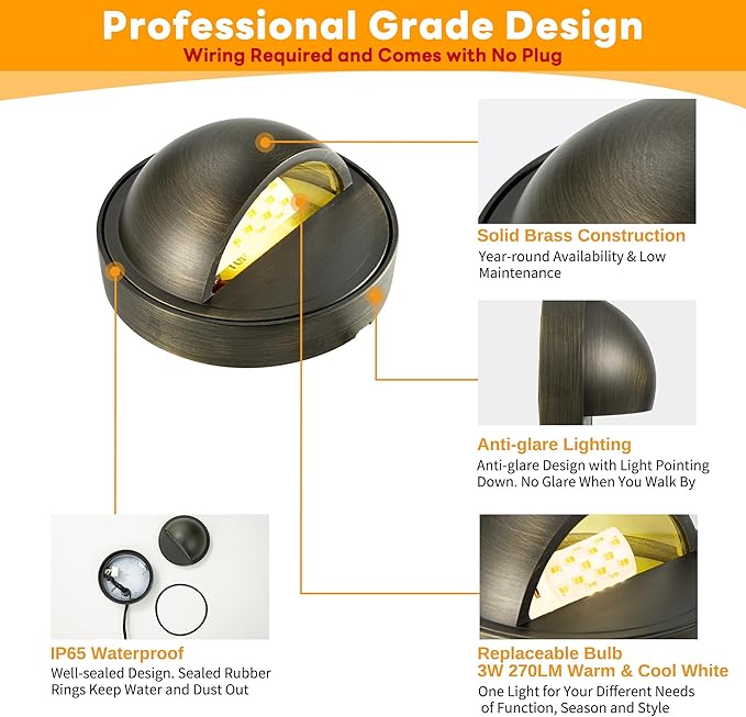 Gardenreet Solid Brass Deck Lights - Low Voltage LED Step Lights Outdoor, 12V Landscape Hardwired Waterproof Bronze | Lumora