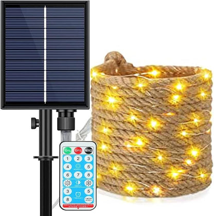 Solar String Lights Outdoor, Waterproof Natural Hemp Rope Lights with Remote/Rechargeable Port,Dimmable Outdoor Solar Light Cafe Lights for Garden Bistro Party Porch Yard Balcony (200led 10m)