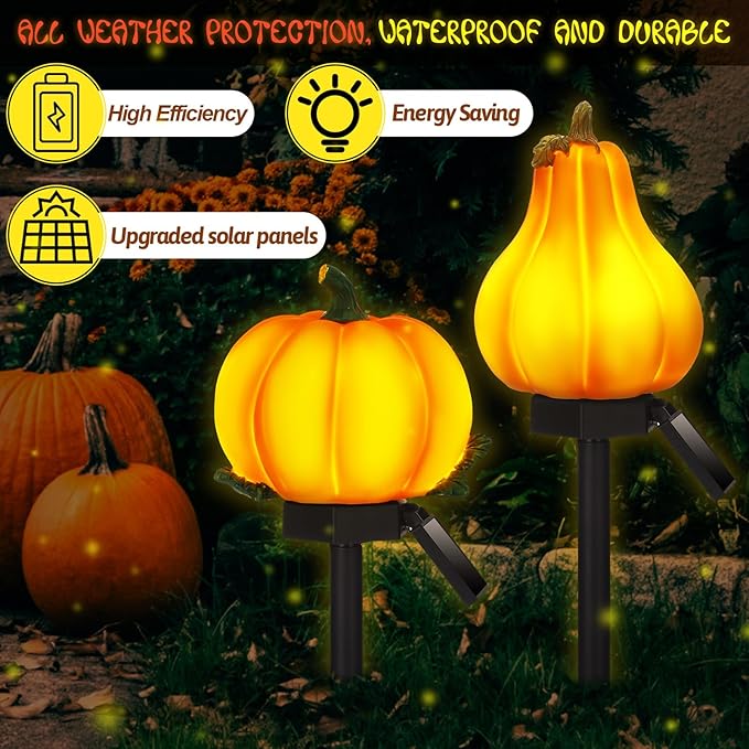 2 Pcs Fall Solar Lights Pumpkin Outdoor Thanksgiving Halloween Decoration Waterproof Light up Pumpkin Yard Sign for Fall Harvest Decor Porch Garden Lawn(Orange)