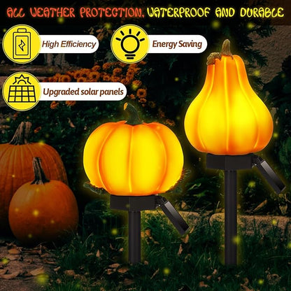 2 Pcs Fall Solar Lights Pumpkin Outdoor Thanksgiving Halloween Decoration Waterproof Light up Pumpkin Yard Sign for Fall Harvest Decor Porch Garden Lawn(Orange)