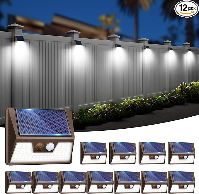 12 Pack Solar Fence Lights Waterproof, Motion Sensor Deck Lights Outdoor, Cold White LED Outside Lamp Wireless for | Lumora