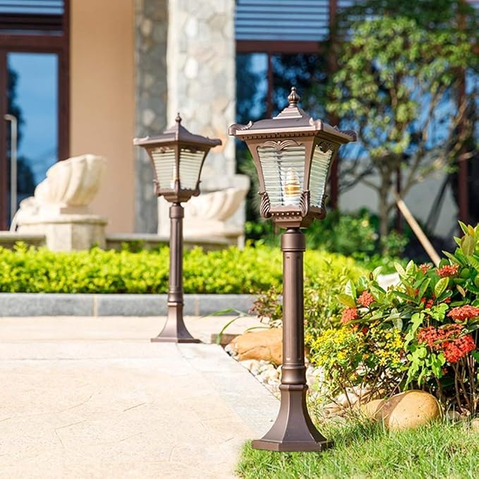 Lights Outdoor Anti-Rust Gold Outdoor Retro Glass Garden Pillar Light European Antique IP55 Waterproof Lawn Post Light Courtyard Street Landscape Decorative Column Lamp E27 Edison Stadium