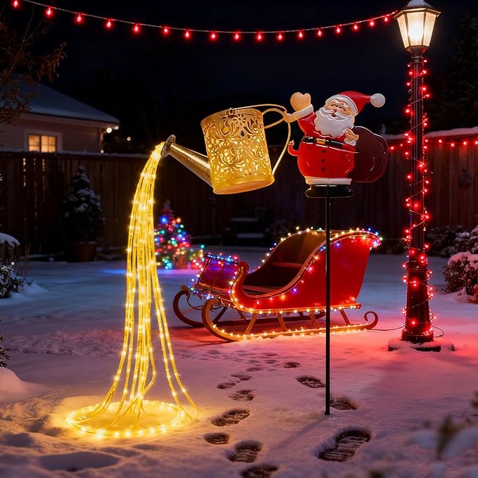 Christmas Santa Solar Kettle Lights, New Santa Claus Solar Watering Can Kettle Lights Outdoor, Metal Waterproof Garden Lantern for Yard, Patio, Lawn, Pathway Colorful Light 1pc