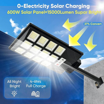 2pcs Solar Street Lights Outdoor Waterproof 600W 30000LM Solar Street Lights for Outside Parking Lot 192 5730LEDs Dusk to Dawn Solar Outdoor Lighting Motion Sensor Light for Garage Remote Control