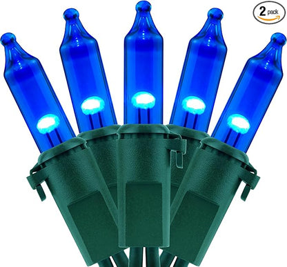 YULETIME 200 Blue Christmas Lights, Pack of 2 Sets 33 ft 100 Count Incandescent-Like LED String Lights (Blue)