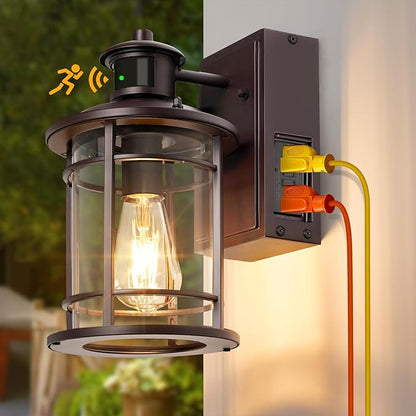 OKELI Retro Industrial Brown Outdoor Wall Lights with GFCI Outlet - Dusk to Dawn & Motion Sensor Porch Light, 3 Modes, Waterproof Anti-Rust Exterior Sconce for Porch,Garage, Patio, House