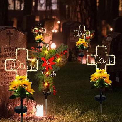 Solar Cross Sunflower Lights for Cemetery Dad, Waterproof Grave Decorations for Cemetery Dad, Sympathy Memorial Gifts for Loss of Dad for Father Day Christmas Memorial Day Grave Decor