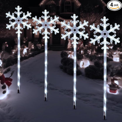 Solar Christmas Pathway Lights Outdoor Decorations, Solar Powered Snowflake Lights, Waterproof Xms Garden Stake Lights Outdoor Christmas Decorations for Patio Yard Porch Lawn, 4 Pack(White)