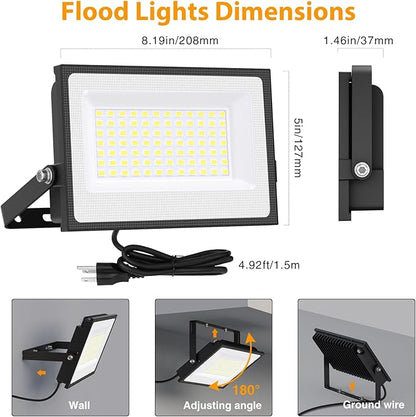 Onforu 80W Flood Lights Outdoor, 8000lm Bright LED Work Light with Plug, 6500K Daylight White LED Flood Lighting, IP66 Waterproof Security Yard Lights for Garage Stadium 4 Pack