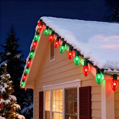 25FT Red and Green Christmas Lights, C9 Waterproof Red Green Outdoor Light with 26 Bulbs (1 Spare), Shatterproof Hanging String Lights for Home Garden Yard Xmas Tree Decorations
