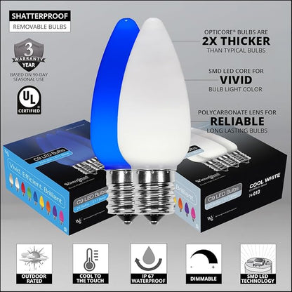 Wintergreen Lighting OptiCore 100 Lights, 100 ft Blue/Cool White Smooth/Opaque C9 LED Christmas Lights Outdoor – Commercial, Dimmable, UL Certified, Shatterproof, IP67