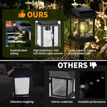 Bright Solar Pathway Lights Outdoor: 8x8cm Large Panel & 2000mAh Battery for Longer Lighting, Dual Power (Solar + Dry Cell), Waterproof Warm White Garden Yard Driveway Lights (4 Pack)